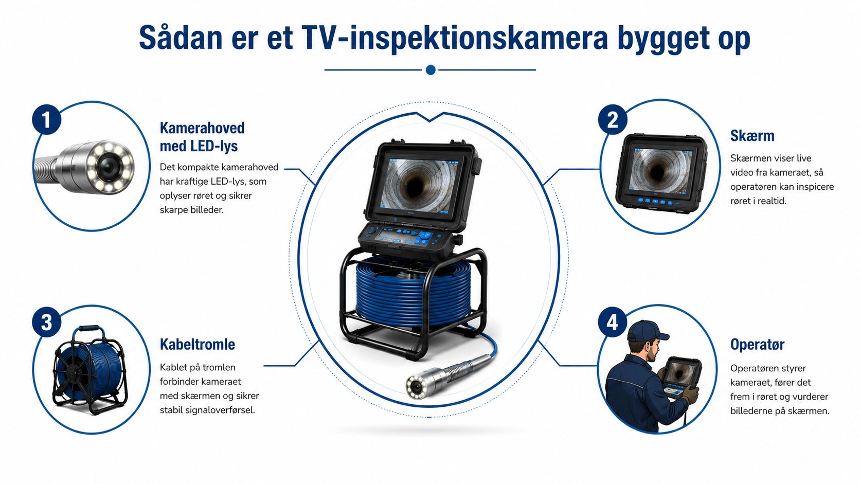 En grafisk oversigt der forklarer hvordan et professionelt TV-inspektionskamera til kloakservice er opbygget af fire dele.