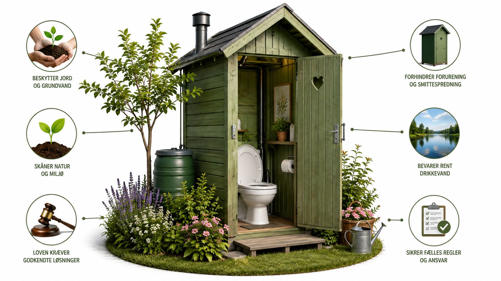 Et miljøvenligt toilet i en kolonihave, der illustrerer vigtigheden af korrekt affaldshåndtering og beskyttelse af grundvandet.