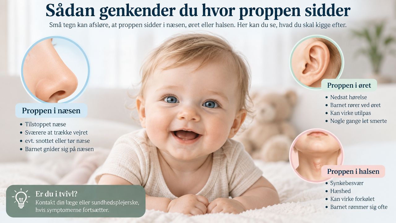 En infografik der viser symptomer på en prop i barnets næse, øre eller hals på dansk.