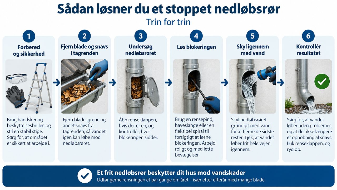 Infografik der viser seks trin til at rense et stoppet nedløbsrør på en sikker og effektiv måde.