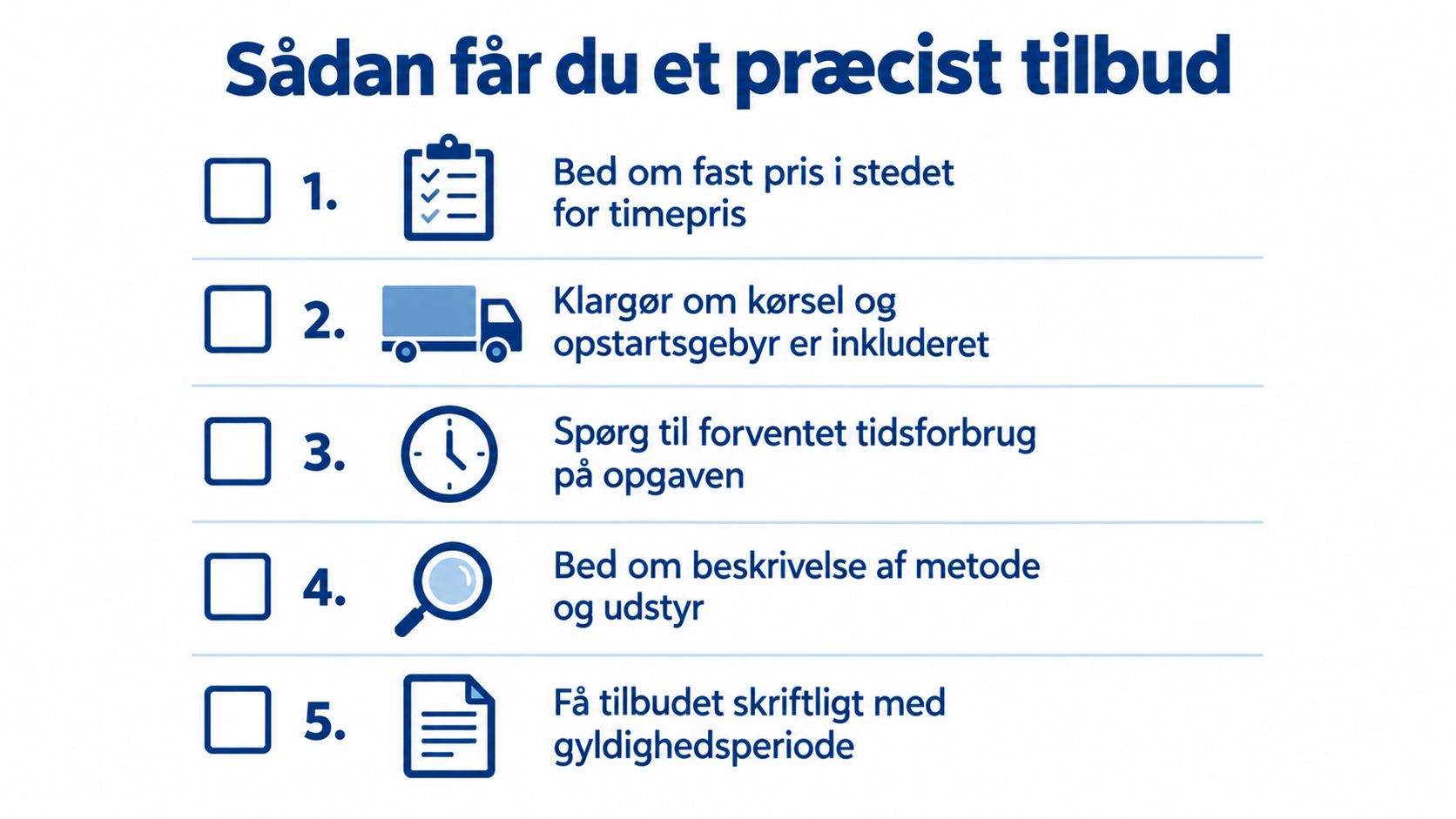 En infografik med fem råd til hvordan man indhenter et præcist og gennemskueligt tilbud fra en håndværker.