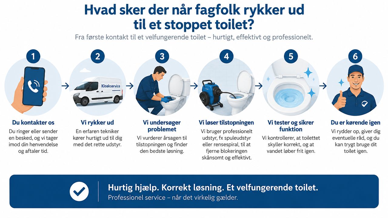 En infografik der viser de seks trin i en professionel proces for at løse et stoppet toilet.