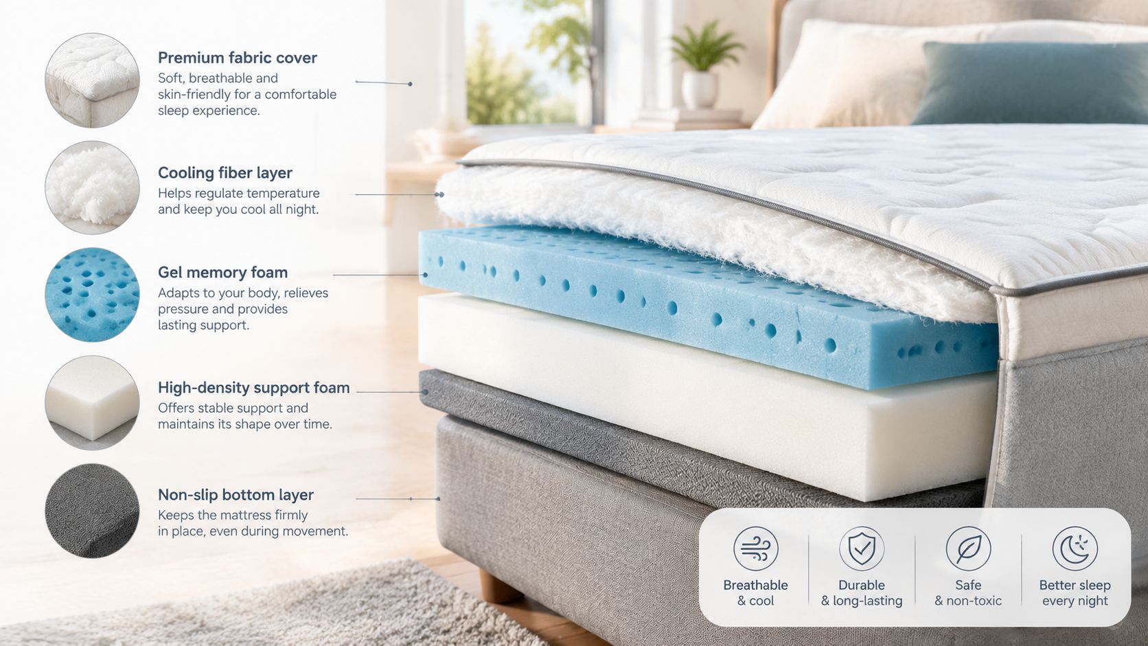 Tværsnit af en moderne madras, der viser dens forskellige lag, herunder kølende skum og støttende memory foam.
