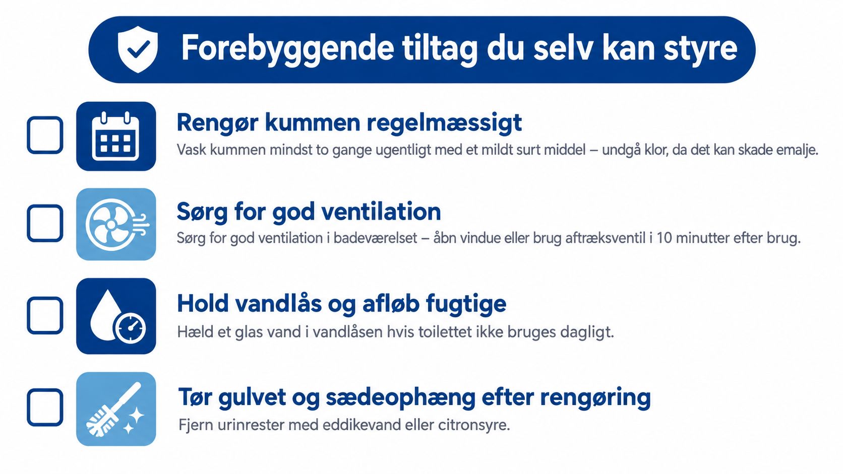 En liste med fire forebyggende råd til vedligeholdelse af toiletter for at undgå lugt og skader.