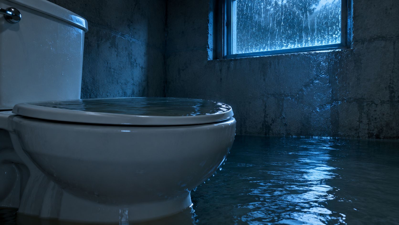 Et oversvømmet badeværelse med et toilet der står i vand, forårsaget af kraftigt regnvejr udenfor vinduet.