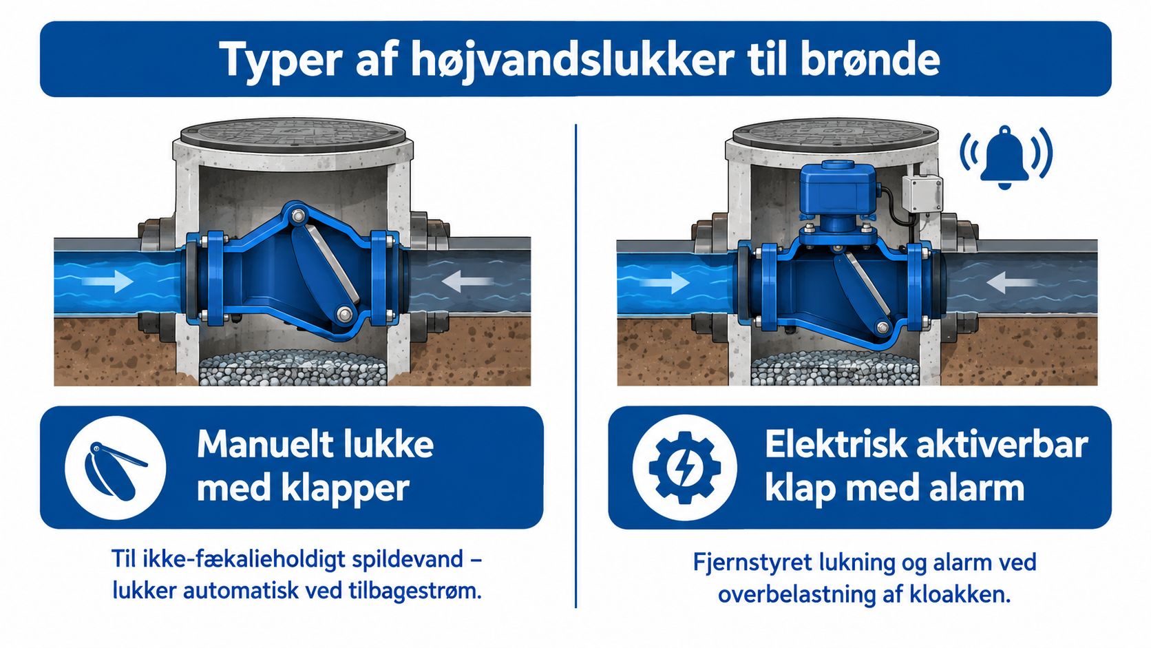En oversigt over to forskellige typer højvandslukker til brønde, der viser manuelle og elektriske mekanismer til spildevandshåndtering.