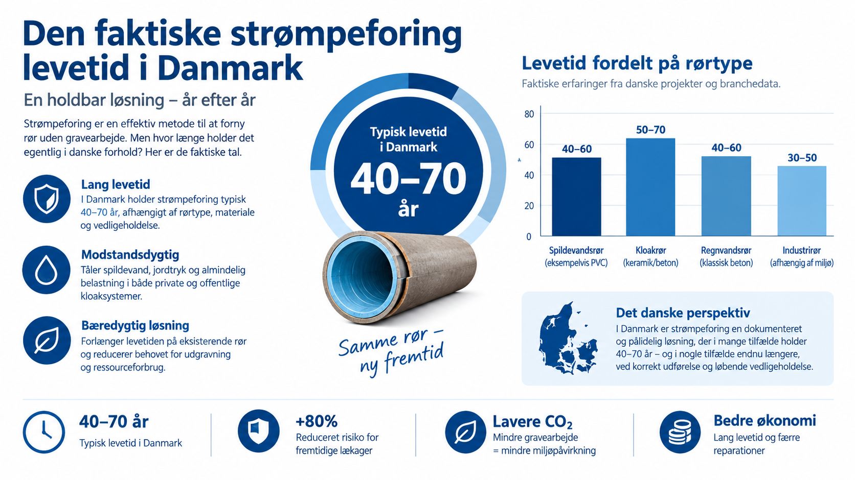 Infografik der viser strømpeforingens levetid på 40-70 år i Danmark fordelt på forskellige rørtyper og fordele.
