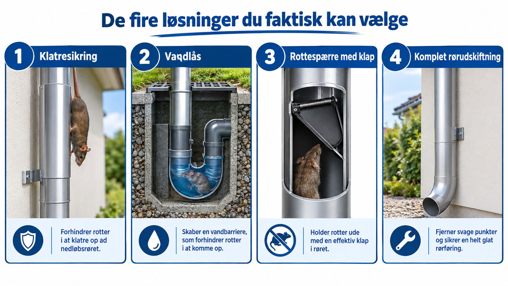 Grafik der viser fire effektive metoder til rottesikring af nedløbsrør på en bygning for at forhindre rotter.