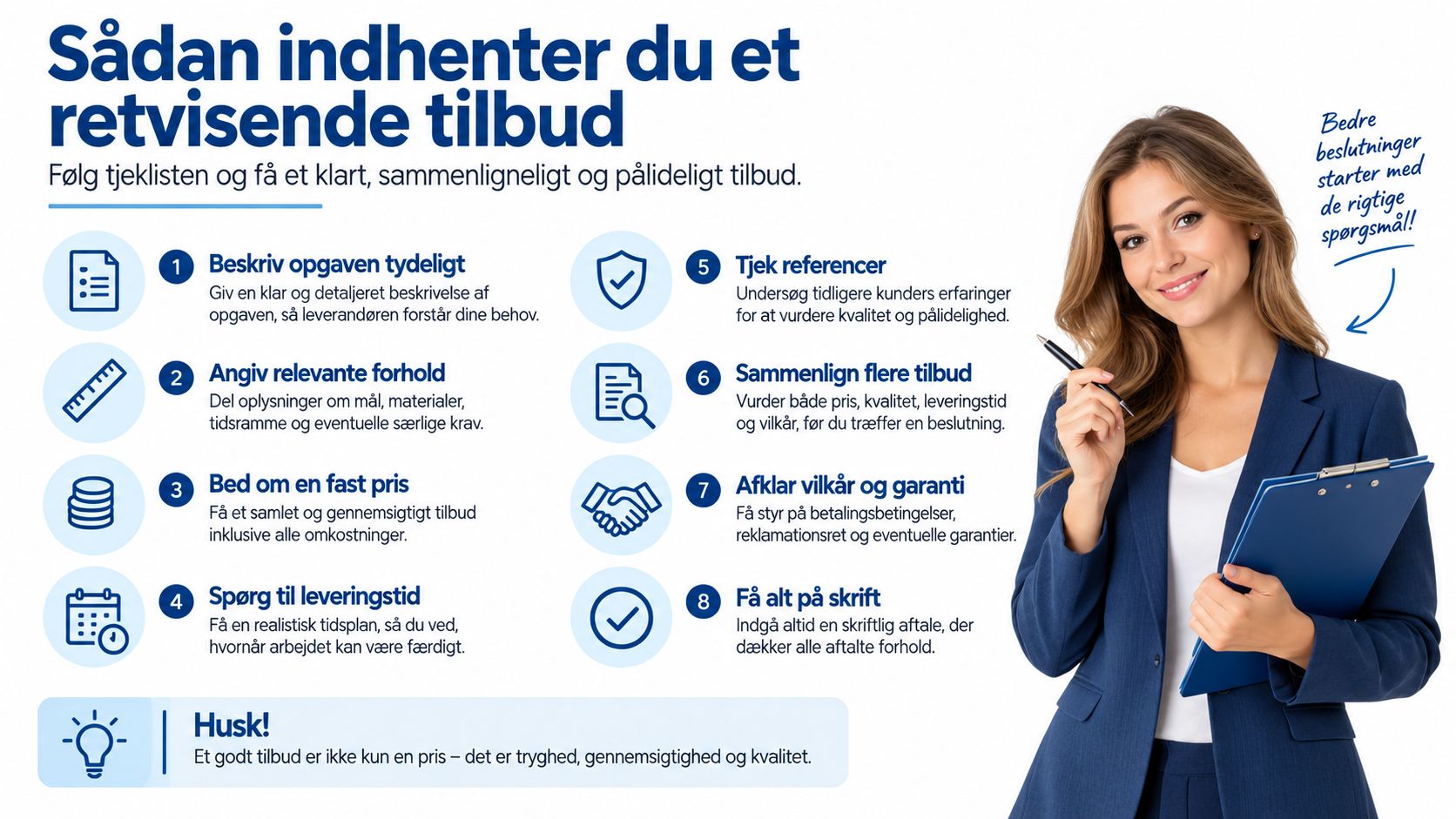 En infografik med otte trin til at indhente retvisende tilbud fra leverandører for bedre beslutninger.